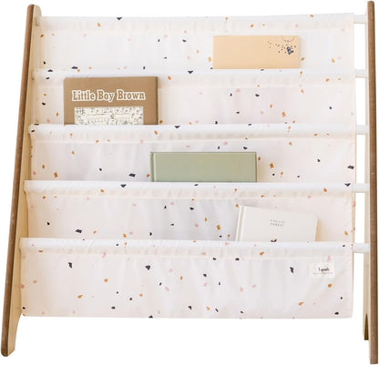 Recycled Fabric Kids Bookshelf – 4-Tier Sling Book Rack Organizer - Nursery Room Playroom Classroom Wooden Book Shelves - Kid Bookcase Wood Storage Shelf for Toddler Age 3+ - Terrazzo Cream