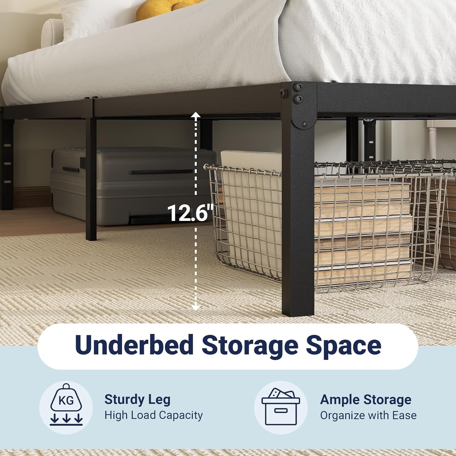 Twin Bed Frame, 14 Inch Metal Platform Beds with Storage Space, No Box Spring Needed and Easy Assembly, Black