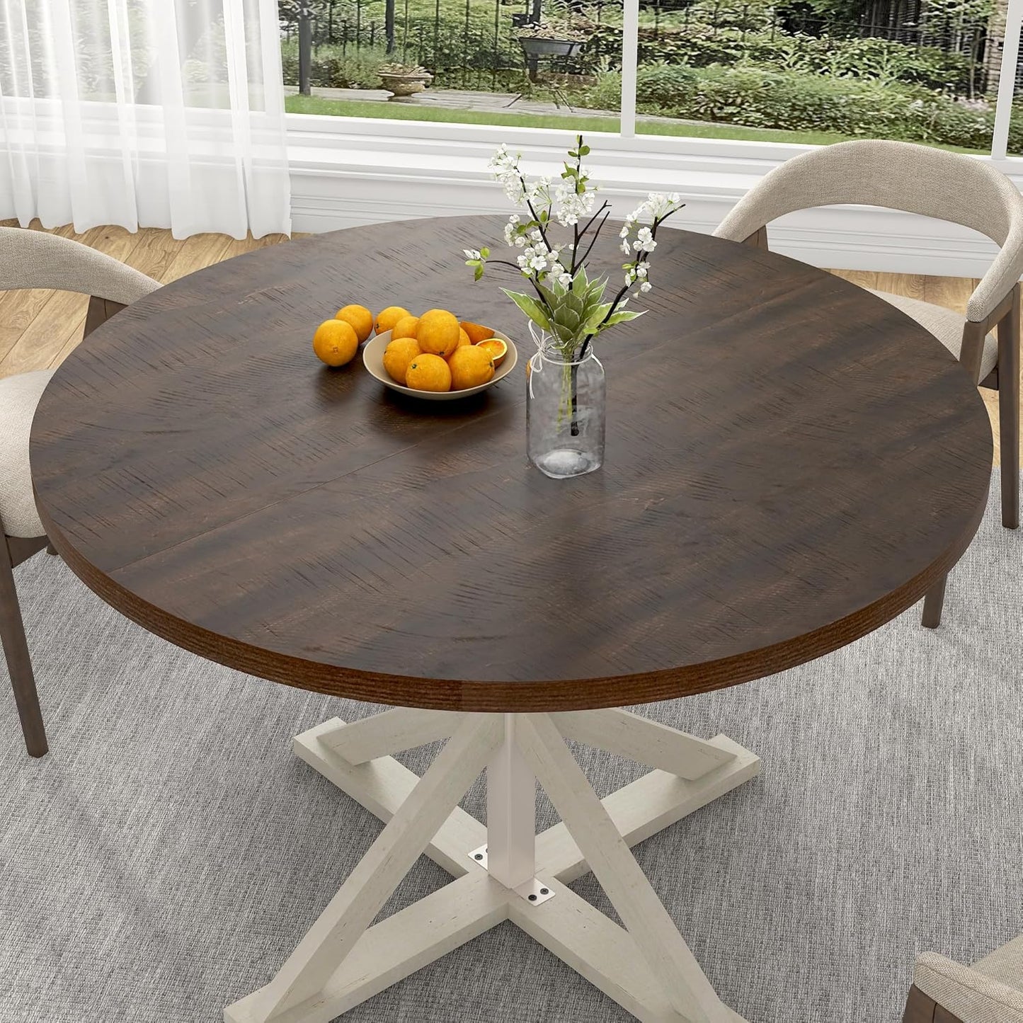 Round Wood Dining Table for Kitchen,Dining Room,Living Room,Farmhouse Dinner Tables W/Thickened Brown Waterproof Tabletop for 4 People,47 Inch Rustic Kitchen Table W/Metal Support