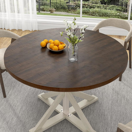 Round Wood Dining Table for Kitchen,Dining Room,Living Room,Farmhouse Dinner Tables W/Thickened Brown Waterproof Tabletop for 4 People,47 Inch Rustic Kitchen Table W/Metal Support