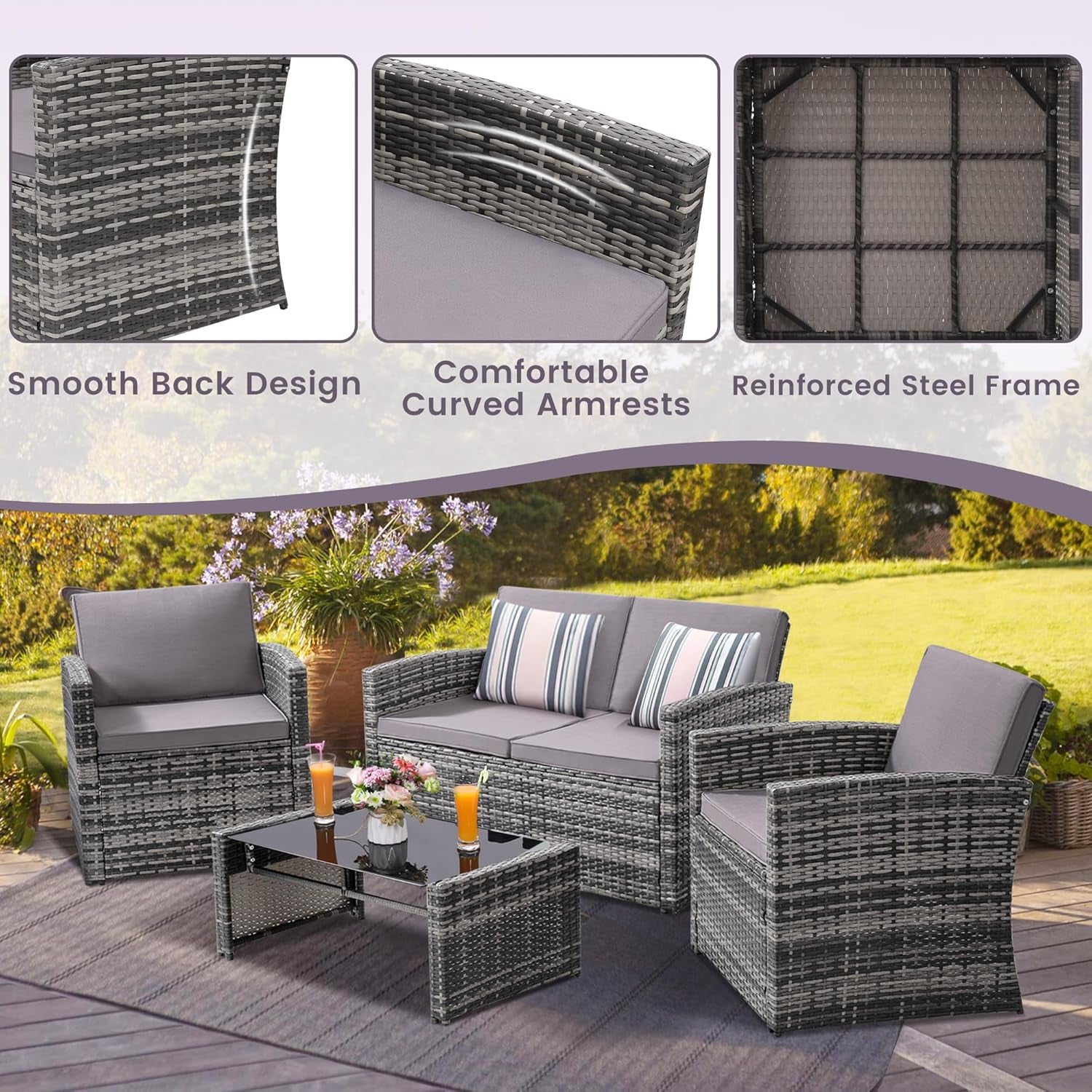 4-Piece Patio Furniture Set, Wicker Outdoor Rattan Sectional Sofa with Cushions and Glass Table, All-Weather Outdoor Conversation Set for Garden, Porch, Backyard, Patio, Light Grey