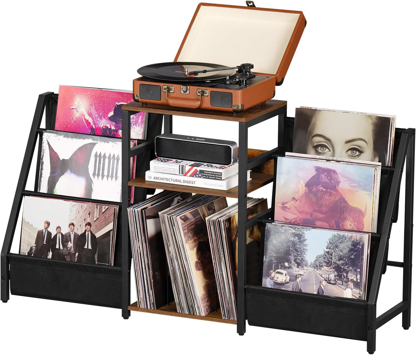 Record Player Stand with Vinyl Storage, 3 Tier Turntable Stand with Display Shelf Storage up to 180 Albums,Brown End Table Records Cabinet for Media Stereo Speaker, Amplifiers, Magazines