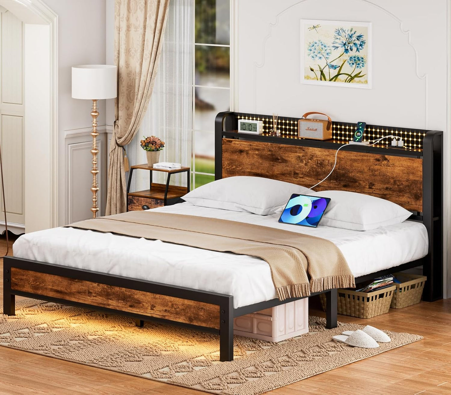 Queen Bed Frame with Headboard Storage, Bed Frame Queen Size with Charging Station and LED Lights No Box Spring Needed,Heavy Duty Steel Slats,Noise Free