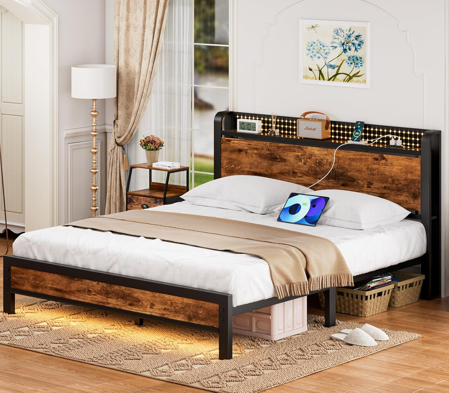 Queen Bed Frame with Headboard Storage, Bed Frame Queen Size with Charging Station and LED Lights No Box Spring Needed,Heavy Duty Steel Slats,Noise Free
