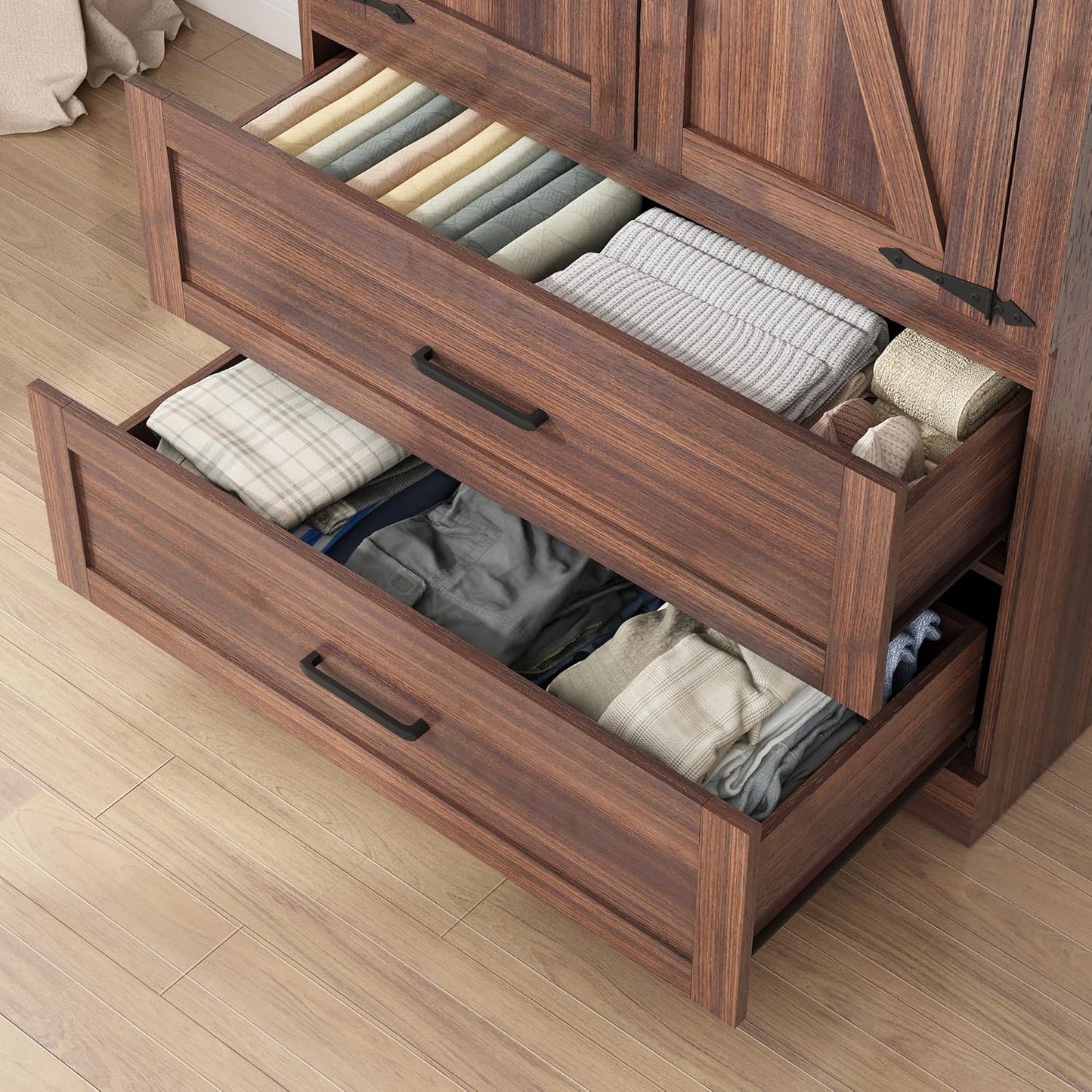 2 Doors Wardrobe Armoire Closet with Doors and Drawers, Farmhouse Wooden Armoire Storage Cabinet with Shelves & Hanging Rod for Bedroom, Brown