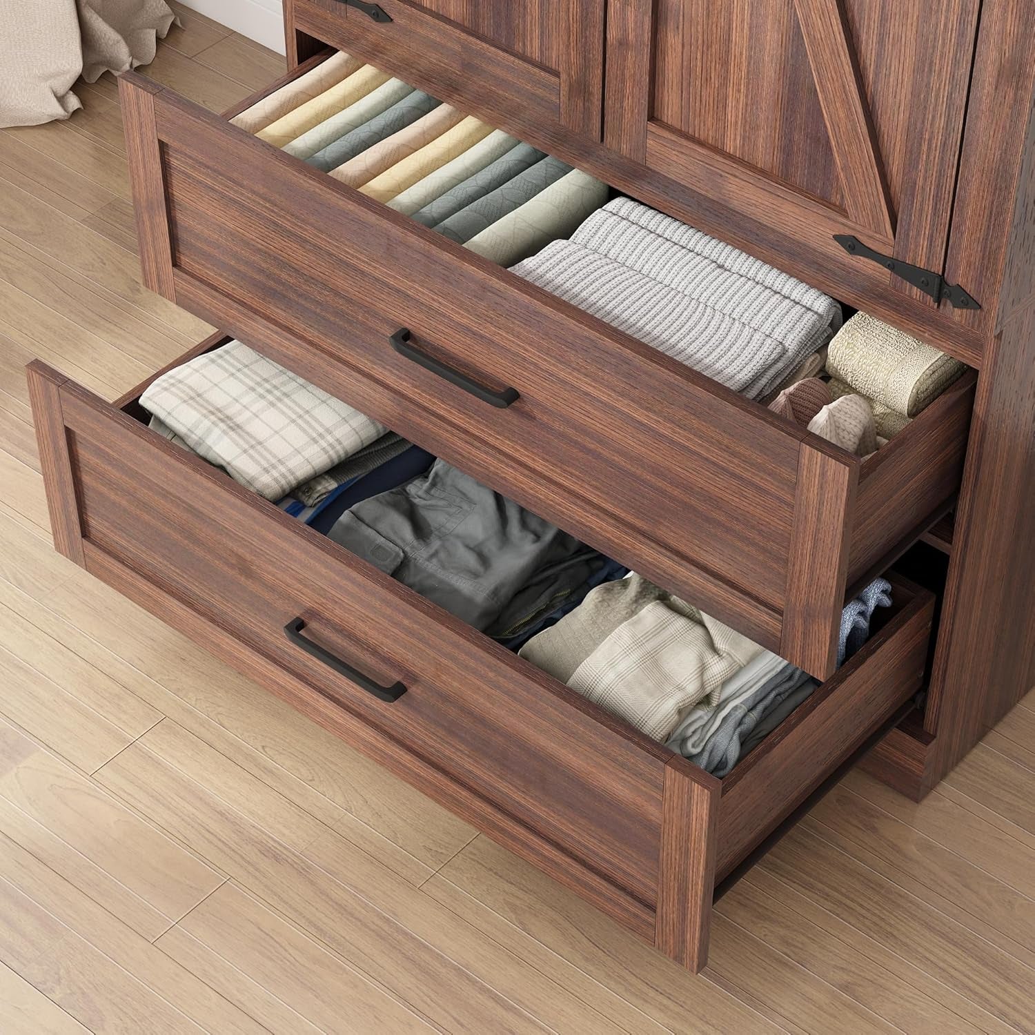 2 Doors Wardrobe Armoire Closet with Doors and Drawers, Farmhouse Wooden Armoire Storage Cabinet with Shelves & Hanging Rod for Bedroom, Brown