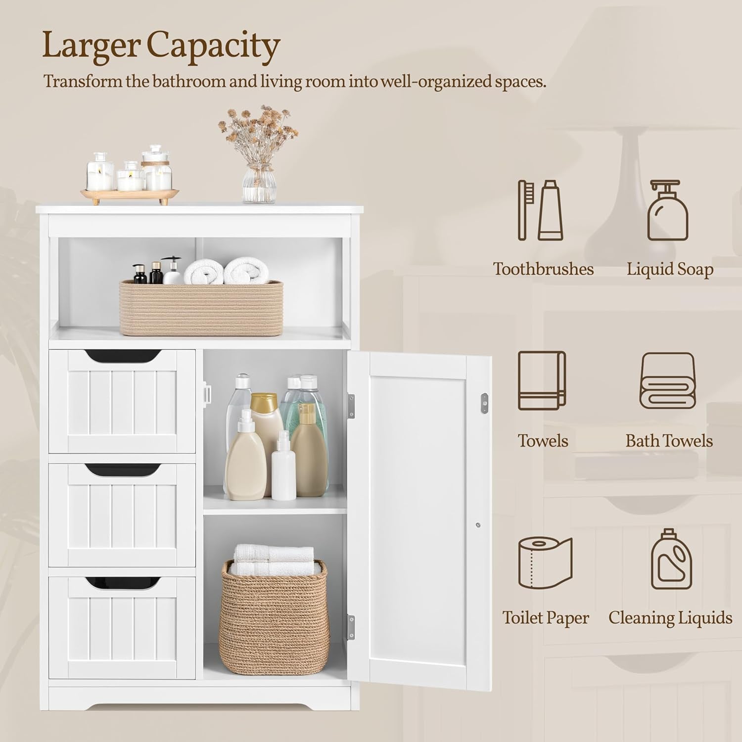 Bathroom Floor Cabinet Wooden Storage Organizer with 1 Door and 3 Drawers, Free-Standing Cupboard for Kitchen/Living Room/Bathroom Use, White