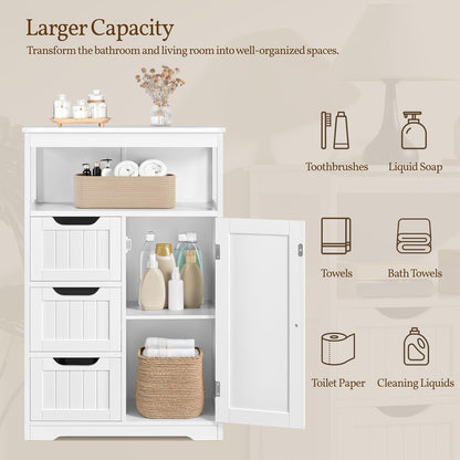 Bathroom Floor Cabinet Wooden Storage Organizer with 1 Door and 3 Drawers, Free-Standing Cupboard for Kitchen/Living Room/Bathroom Use, White