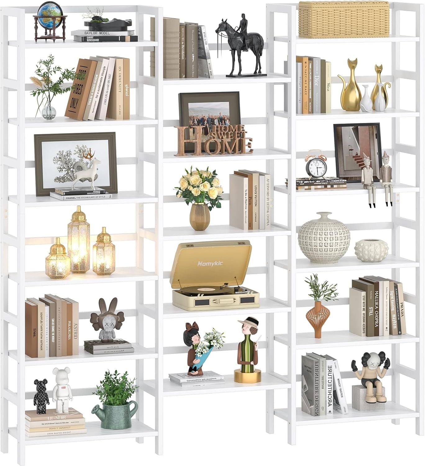 Bamboo Triple Wide Shallow Bookshelves and Bookcases, 6-Tier 6Ft Tall Bookshelf with 17 Open Display Shelves, Super Large Freestanding Book Shelf for Home Office, Bedroom, Living Room, White