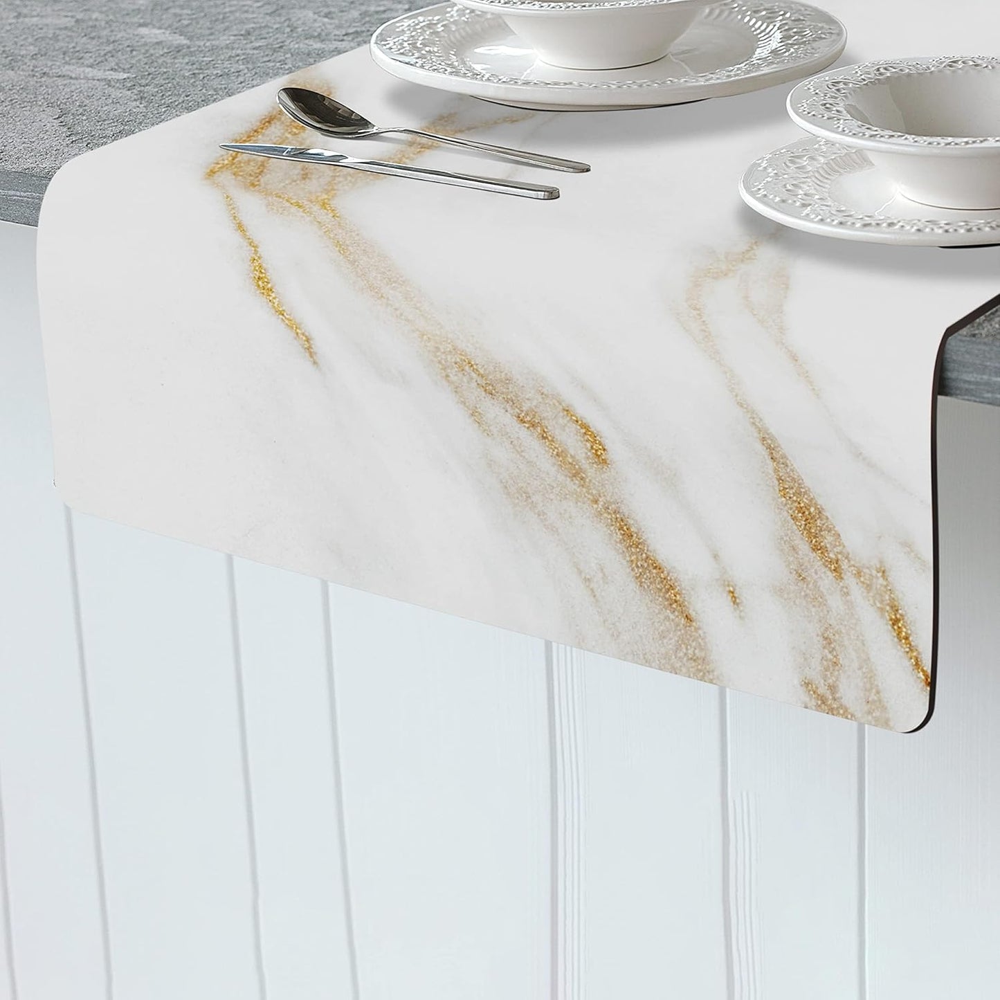 Thermo Heat Resistant Table Runner and Trivet for Hot Dishes - Waterproof Hot Plates to Protect Table and Countertop - Kitchen & Dining 350F Heat Protector 40" - White Golden Marble