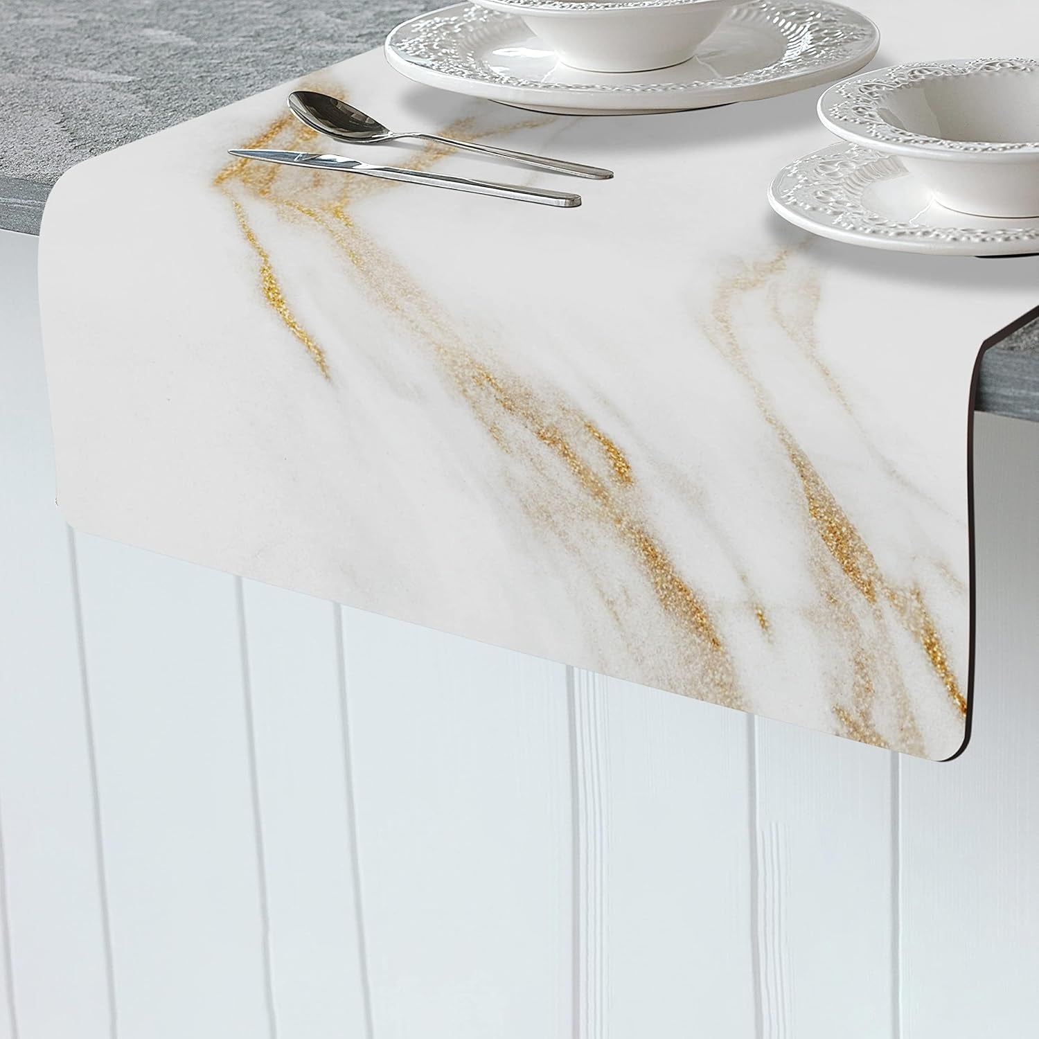 Thermo Heat Resistant Table Runner and Trivet for Hot Dishes - Waterproof Hot Plates to Protect Table and Countertop - Kitchen & Dining 350F Heat Protector 40" - White Golden Marble