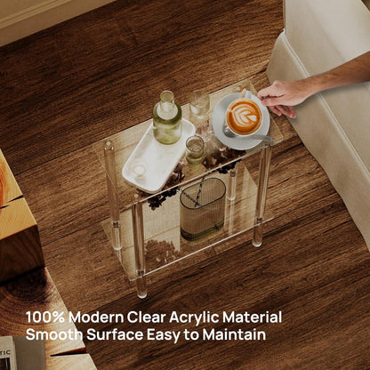 Acrylic Narrow Side Table for Small Spaces, 7" Wide Skinny Nightstand/Bedside Table for Bedroom, Slim Small End Table, 2 Tier, 15.7" L X 21.8" H, Clear