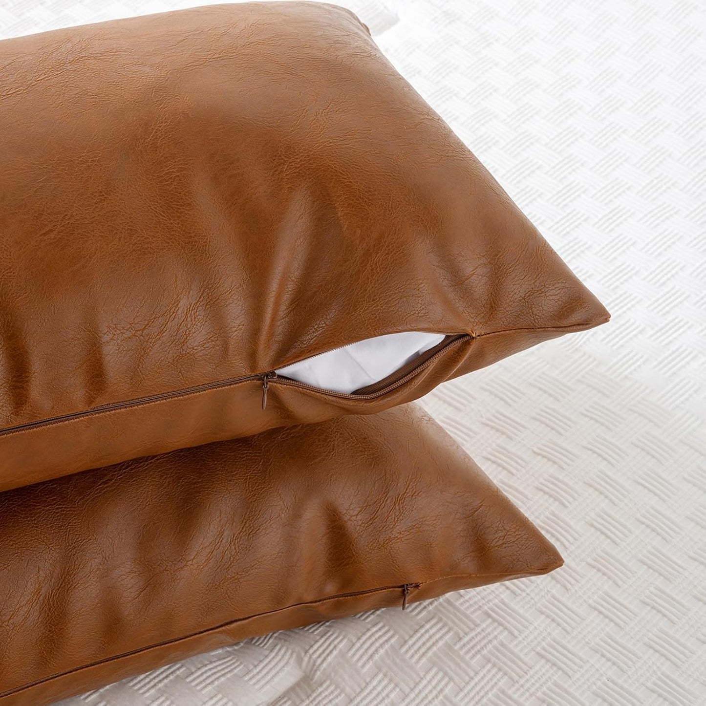 Brown Boho Long Lumbar Faux Leather Body Decorative Throw Pillow Cover 14X36 Inch for Bedroom Couch Bed Bench, Thick Stylish Solid Rectangle Pillowcase, Rustic Modern Farmhouse Room Decor