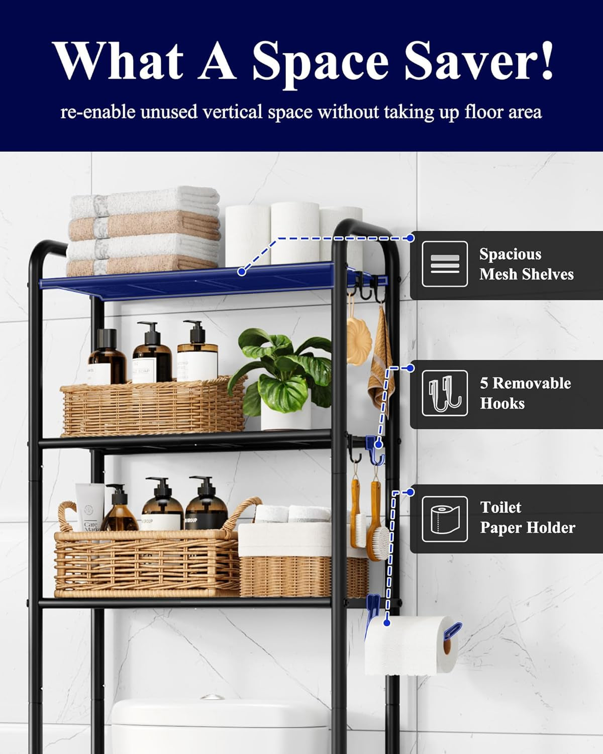 over Toilet Storage Rack - Metal over Toilet Bathroom Organizer Shelf, over the Toilet Storage Cabinet with Paper Holder and Hooks, Bathroom Cabinet for Laundry, Black, 3 Tiers (63.2" H)