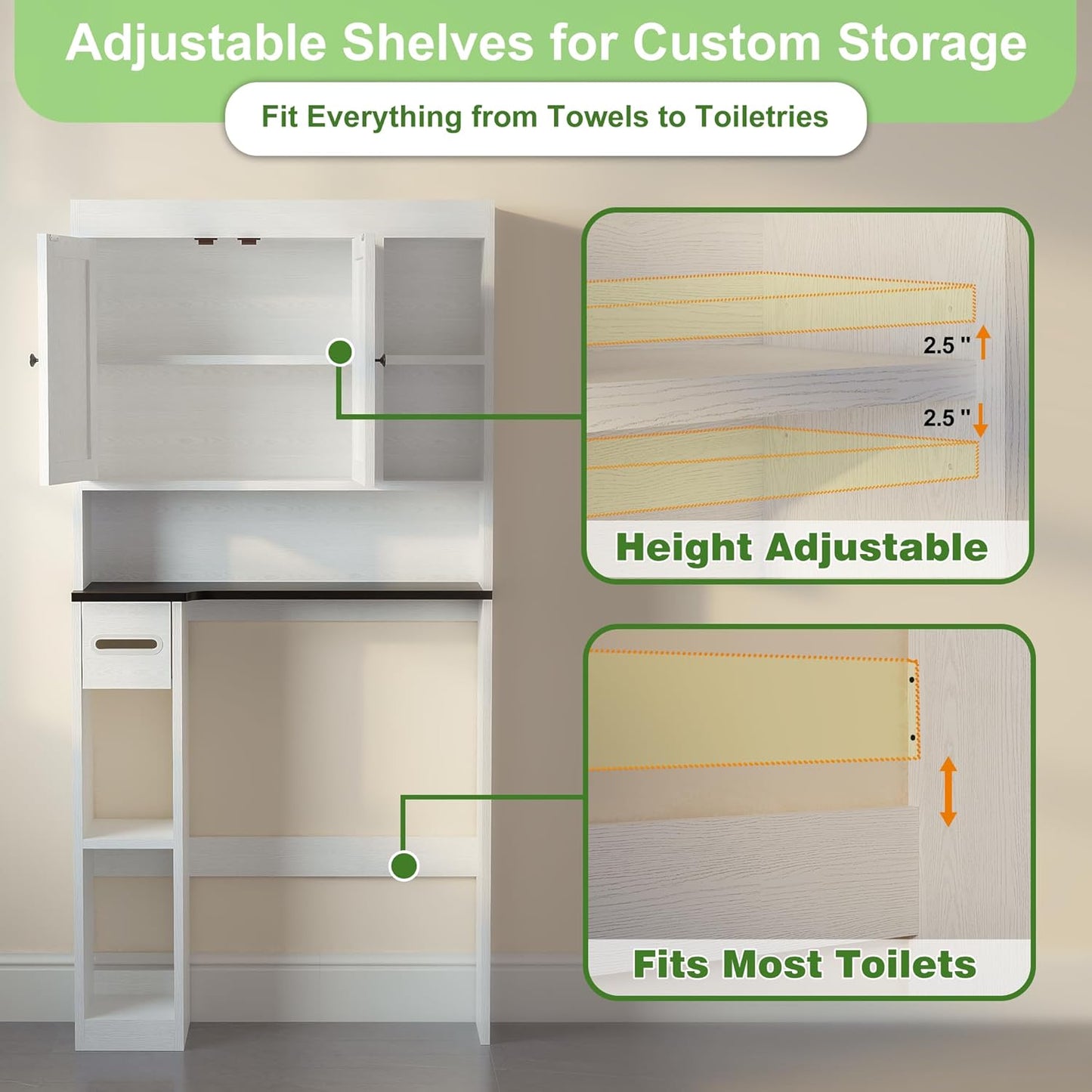 Over the Toilet Storage Cabinet with 7 Shelves, Imitation Walnut Grain above Toilet Bathroom Organizer with Toilet Paper Holder Stand, Space Saver for Restroom, Bathroom, Laundry (White)