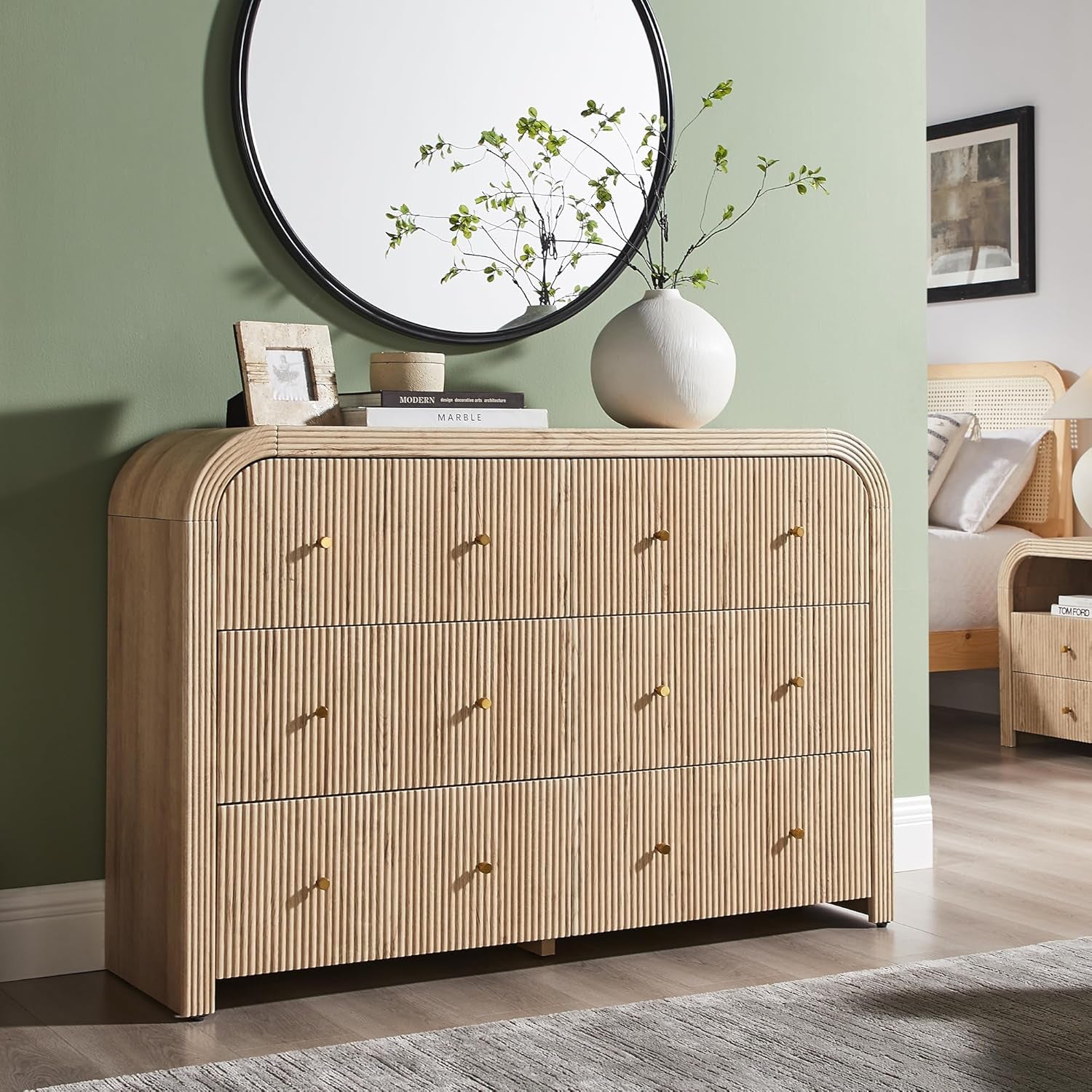 Fluted 6 Drawers Dresser for Bedroom, 54" Wide Modern Chest of Drawers with Thickened Curved Profile Design, Wood Dressers TV Stand for Bedroom, Living Room, Hallway, Natural Oak