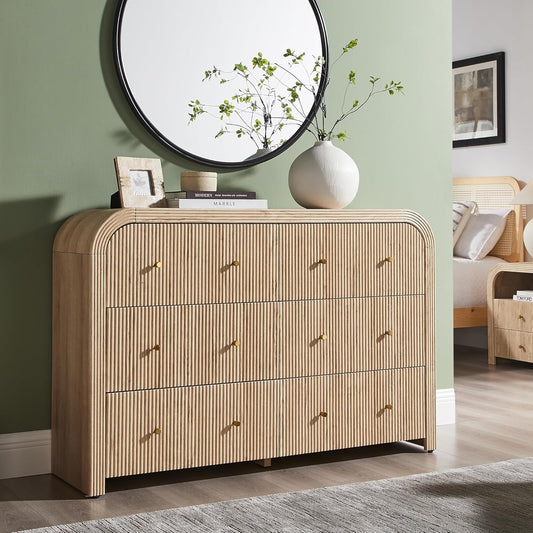 Fluted 6 Drawers Dresser for Bedroom, 54" Wide Modern Chest of Drawers with Thickened Curved Profile Design, Wood Dressers TV Stand for Bedroom, Living Room, Hallway, Natural Oak