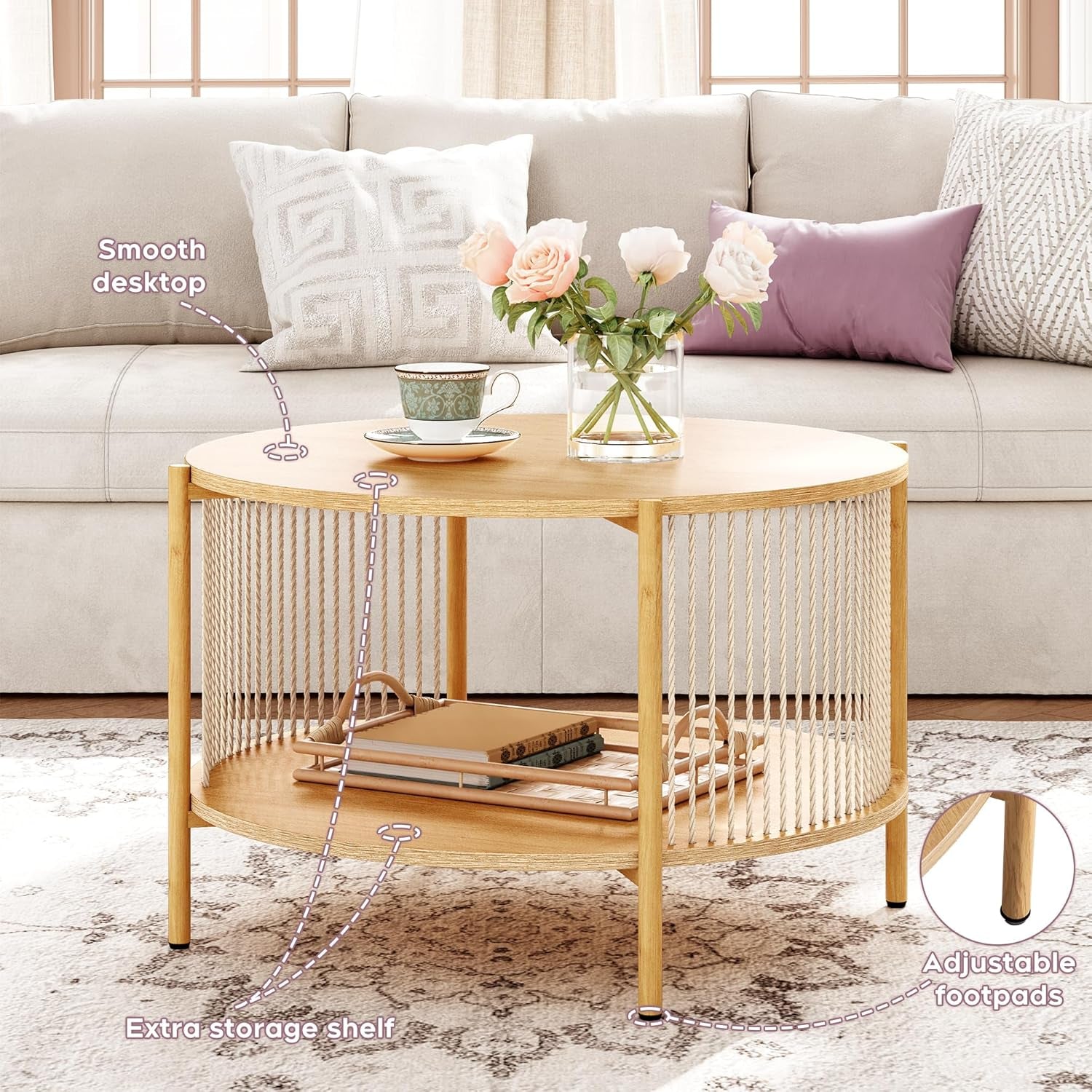 Natural Fiber Rope Coffee Table Set of 3 for Living Room, round Rattan Coffee Table and Two End Tables, Boho 2 Tier Modern Side Table with Metal Frame for Apartment Office (Natural)