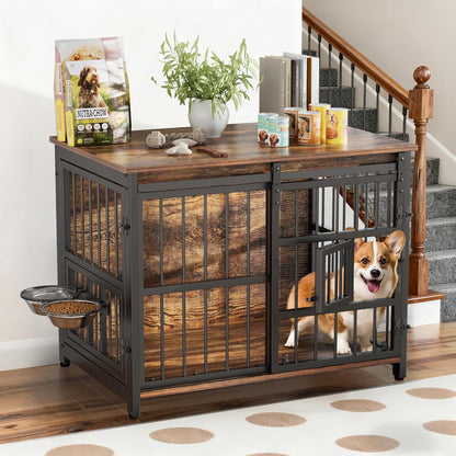 Dog Crate Furniture with Sliding Barn Door, 44"/39"/32" Decorative Dog Kennel Indoor with 2 Doors, Escape-Proof Multi-Lock Crates for Medium Dogs Indoor, Chewproof Wooden End Table, 360° Feed Rack