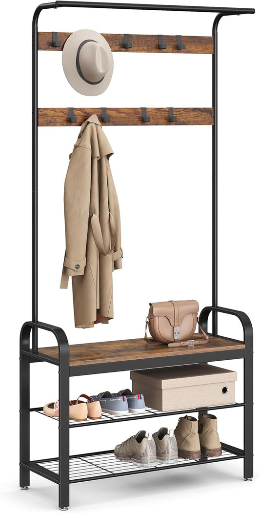 Coat Rack, Hall Tree with Shoe Bench for Entryway, Entryway Bench with Coat Rack, 4-In-1, with 9 Removable Hooks, a Hanging Rod, 13.3 X 33.1 X 72.1 Inches, Rustic Brown and Black UHSR400B01