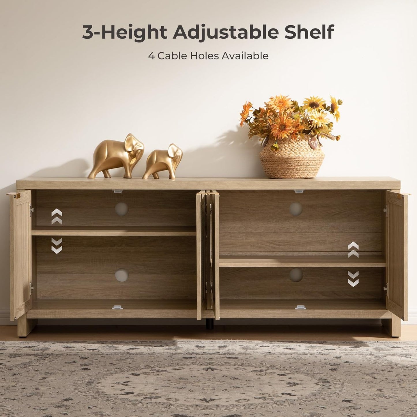 TV Stand for Living Room Boho Entertainment Center for Bedroom with 4 Rattan Cabinets Farmhouse Television Stands with Storage Large Media Console Table for Tvs up to 45 50 55 60 65 Inch