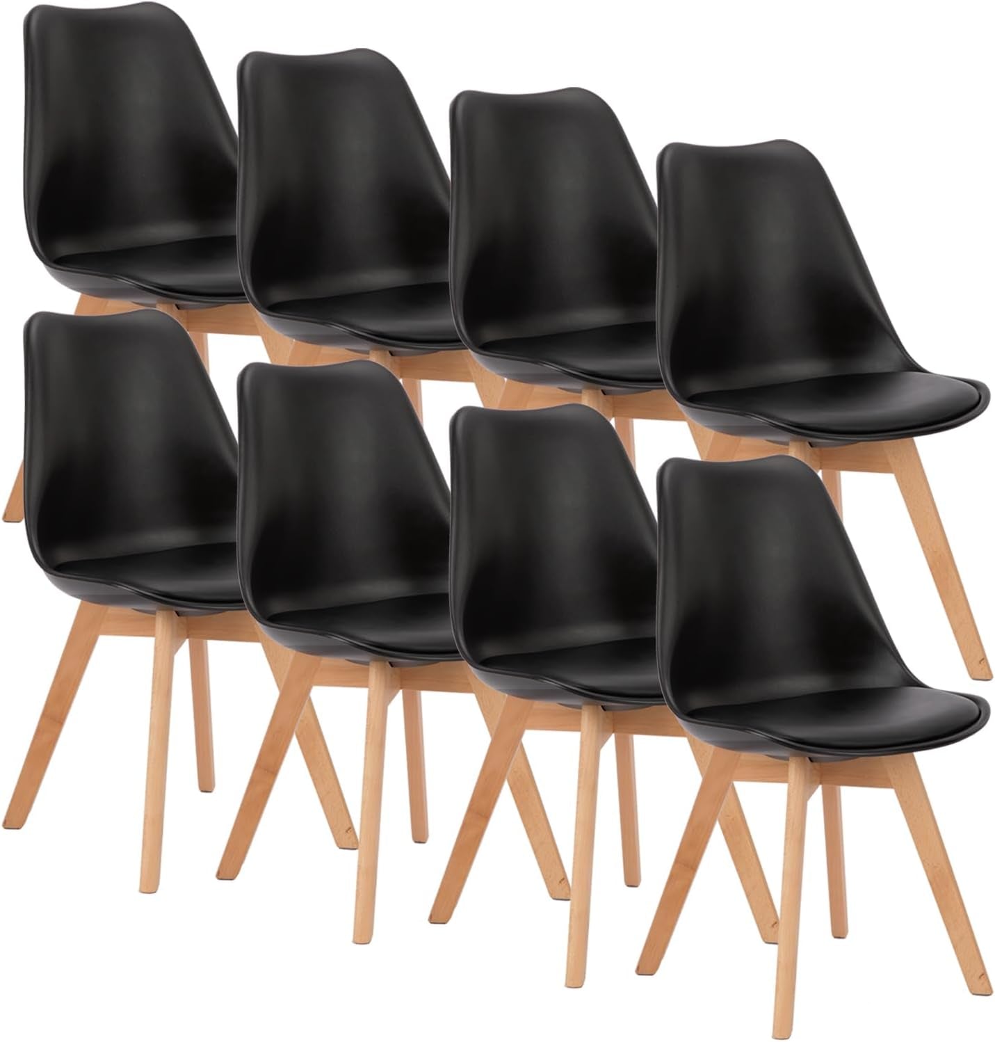 Dining Chairs Set of 8 Kitchen Mid Century Modern Chairs with Wood Legs and PU Leather Cushion for Living Room Bedroom Outdoor Lounge, Black