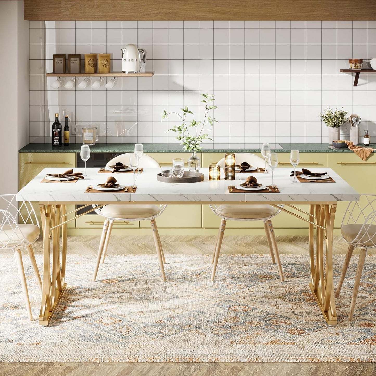 Modern Dining Table, 63" Large Kitchen Table for 4-6 People, Unique Rectangular Dinner Table Kitchen & Dining Room Furniture with Faux Marble Tabletop and Geometric Legs