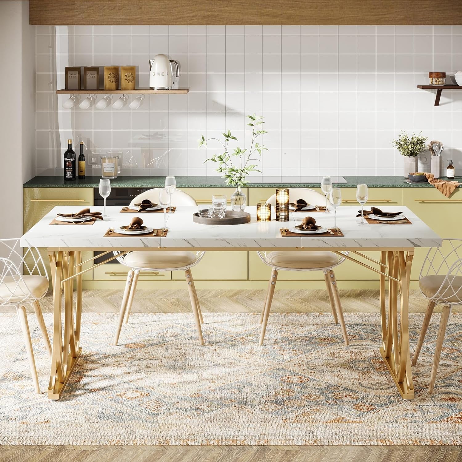 Modern Dining Table, 63" Large Kitchen Table for 4-6 People, Unique Rectangular Dinner Table Kitchen & Dining Room Furniture with Faux Marble Tabletop and Geometric Legs