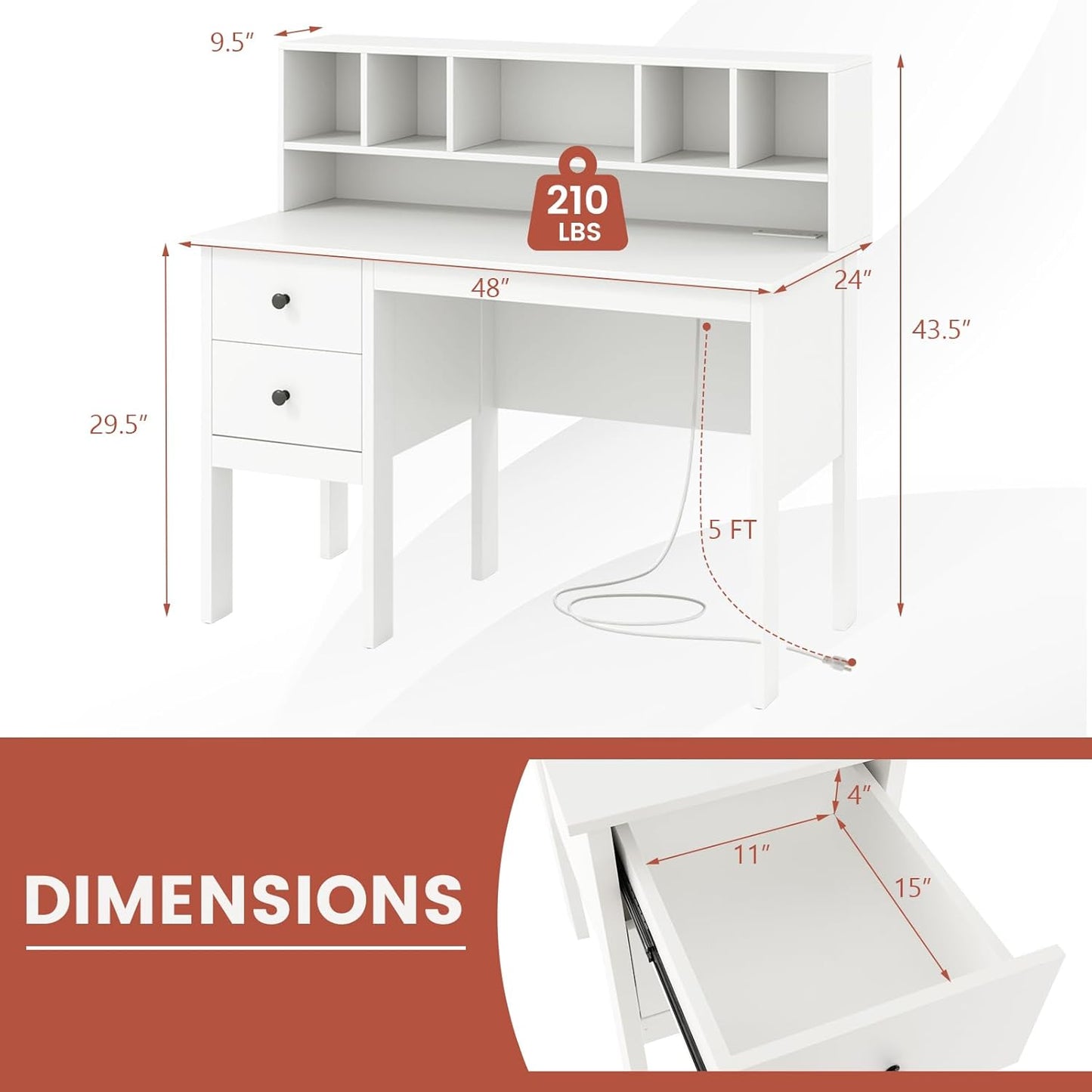 White Desk with Drawers & Hutch, Modern Home Office Desk Writing Study Desk with Charging Station, Laptop Desk with 5 Storage Compartments, Computer Workstation Makeup Vanity Desk