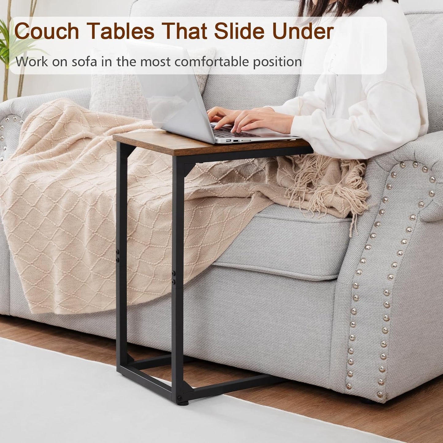 C Shaped Side Table, End Tables Living Room Set of 2, Slide under Couch Table for Sofa, TV Trays for Bedroom, Small Space, Rustic Brown HET02CBR