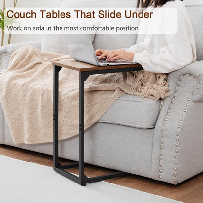 C Shaped Side Table, End Tables Living Room Set of 2, Slide under Couch Table for Sofa, TV Trays for Bedroom, Small Space, Rustic Brown HET02CBR