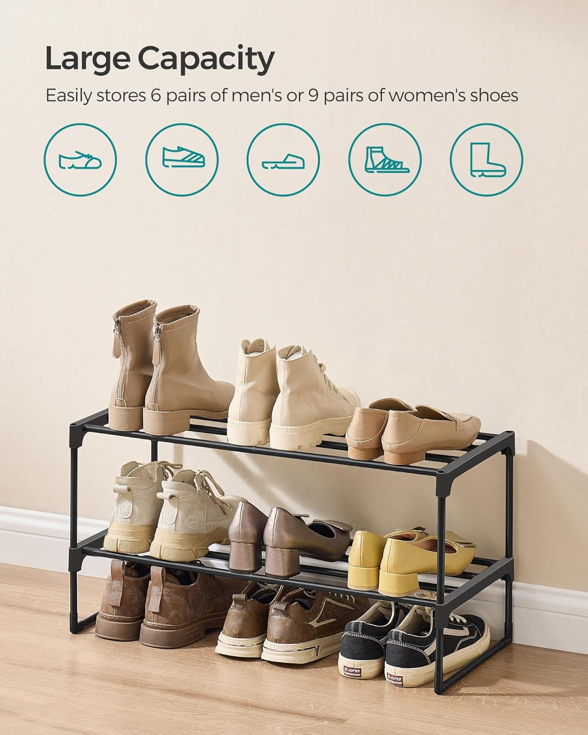 Shoe Rack, 2-Tier Shoe Organizer, Metal Storage Shelf, Upright or Upside Down, for 6-9 Pairs, Stackable, for Entryway, 11.8 X 26.8 X 13.2 Inches, Black ULSA202B01