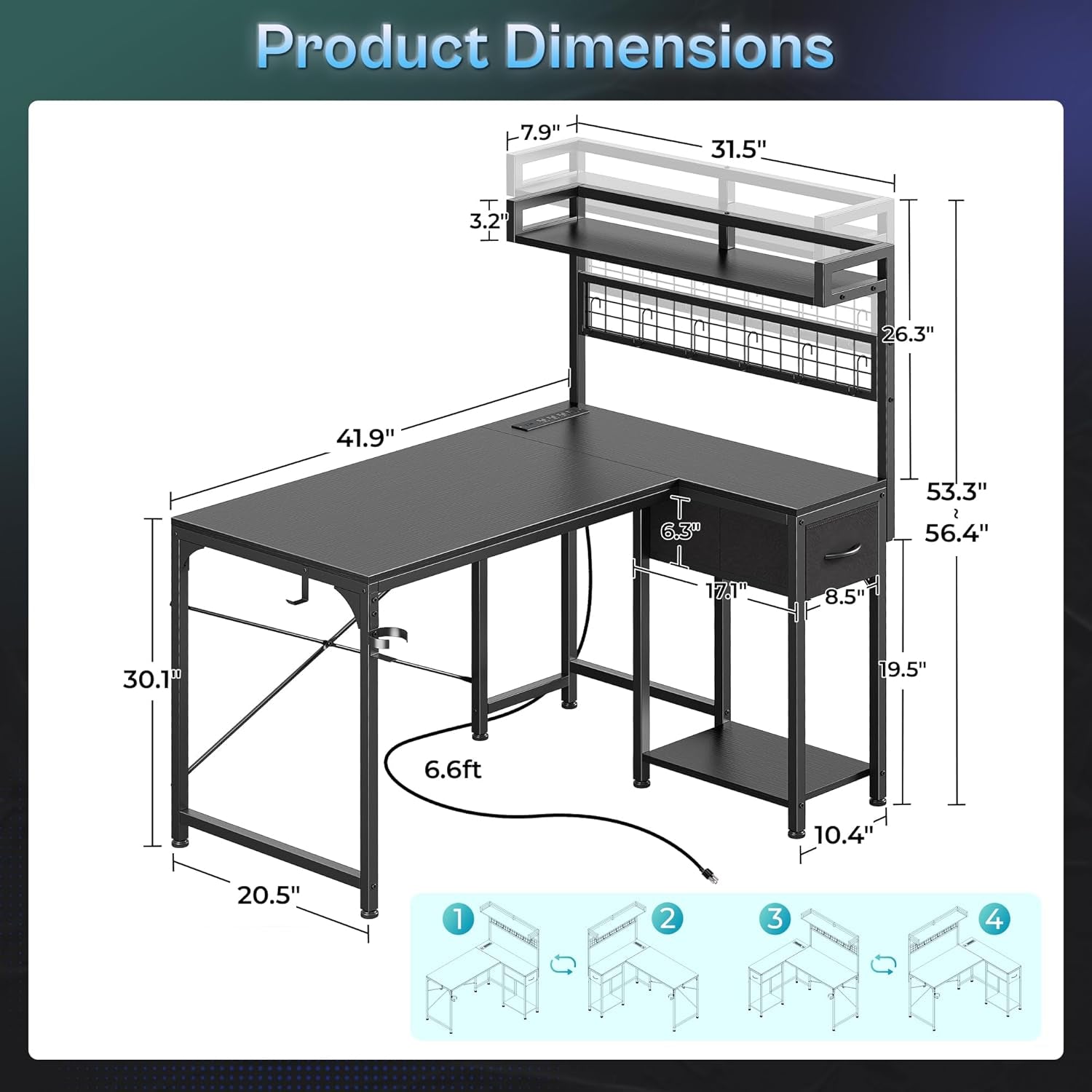 L Shaped Gaming Desk with Shelves, Corner Computer Table with LED Lights, Power Outlets and USB-C Ports, 42 Inch Reversible Home Office Desk with Storage Drawer, for Work and Study, Black