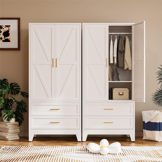 71" Metal Wardrobe Closet with 2 Drawers & Hanging Rod, Freestanding Armoire Storage Cabinet with Adjustable Shelf and 2 Doors, White Steel Closet Organizer for Bedroom