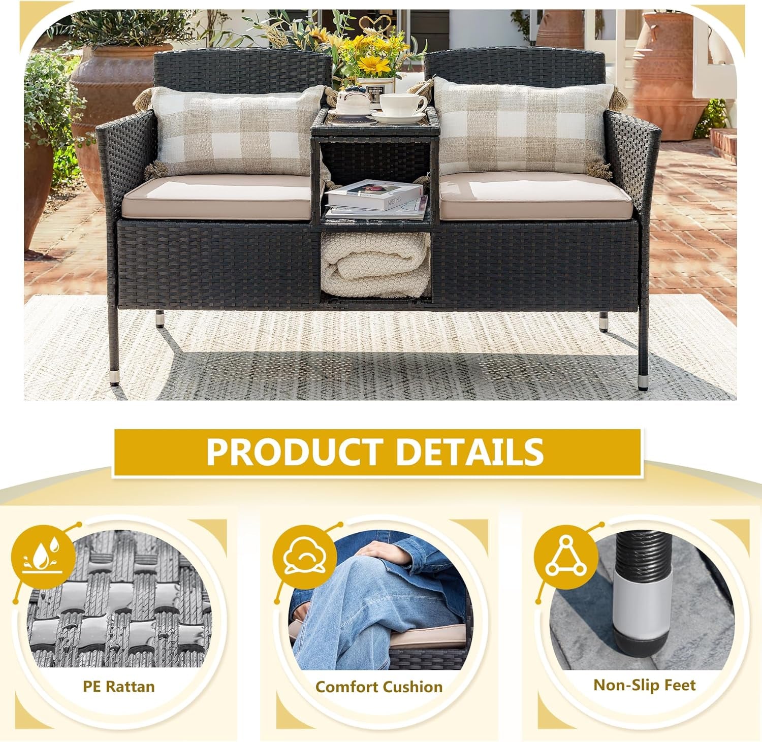 Outdoor Patio Loveseat Modern Rattan 2-Seat Patio Conversation Set with Cushions & Built-In Coffee Table Porch Furniture for Garden Lawn Backyard (Beige)