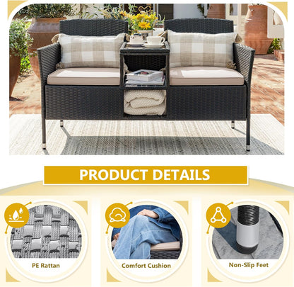 Outdoor Patio Loveseat Modern Rattan 2-Seat Patio Conversation Set with Cushions & Built-In Coffee Table Porch Furniture for Garden Lawn Backyard (Beige)