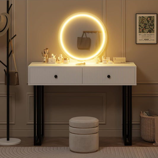 White Vanity Desk with Mirror and Lights, Small Makeup Vanity with 2 Drawers, Modern Vanity Organizer with 3 Color Lights＆Adjustable Brightness, Dressing Table for Bedroom