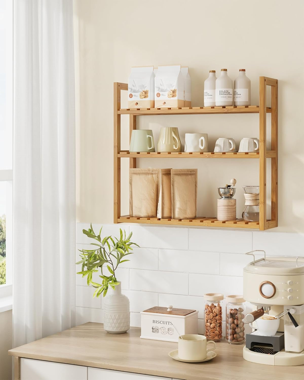 Bamboo Bathroom Shelf, 3-Tier Adjustable Plants Rack, Wall-Mounted or Stand, in the Living Room, Balcony, Kitchen, 5.9 X 23.6 X 21.3 Inches, Natural UBCB13Y