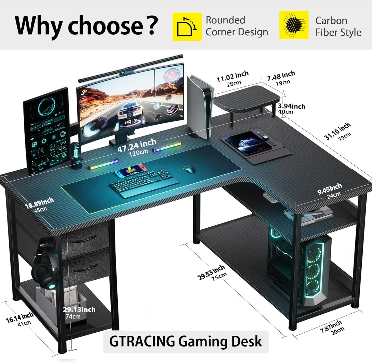 Gaming Desk with Drawers, Carbon Fiber Style L Shaped Computer Desk Compatible with Monitor Arm Corner Desk Gaming Table for Home Office Desks, Easy to Assemble Adjustable Shelf Height