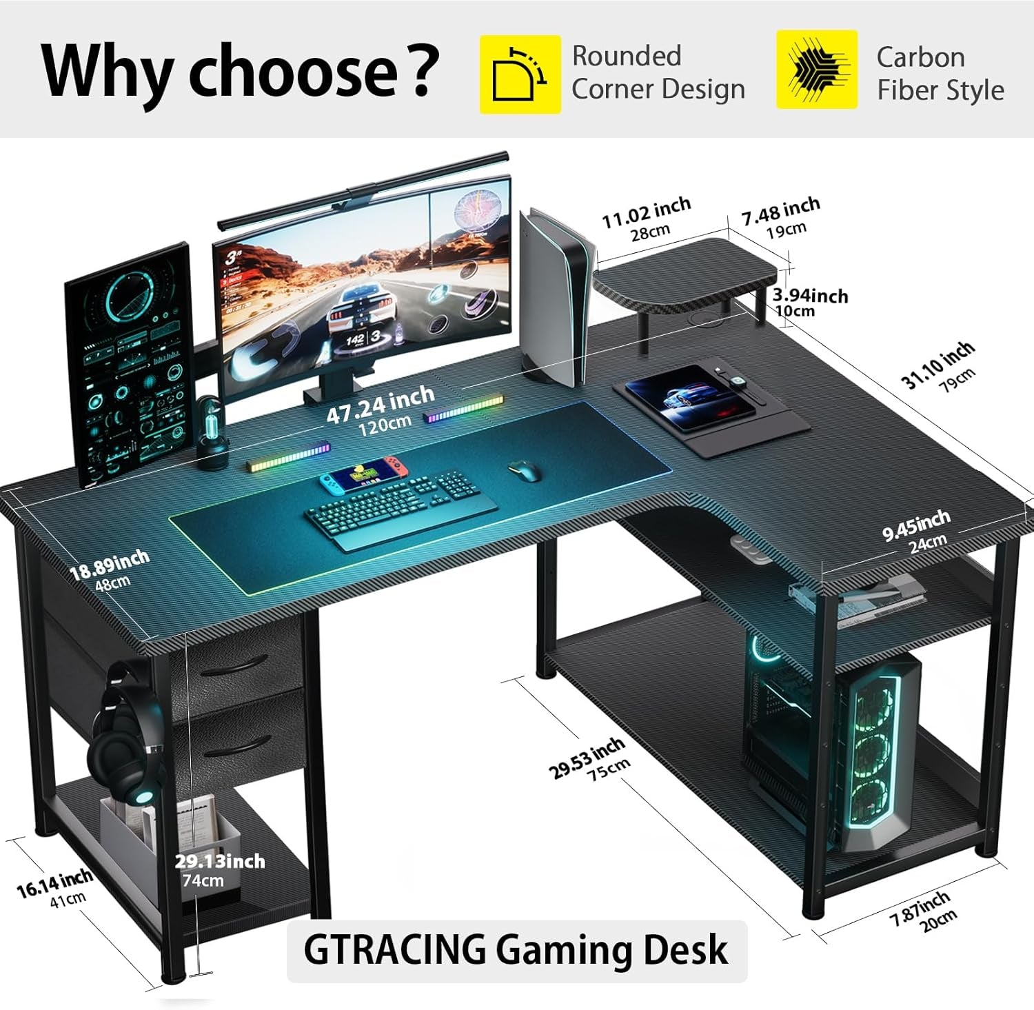 Gaming Desk with Drawers, Carbon Fiber Style L Shaped Computer Desk Compatible with Monitor Arm Corner Desk Gaming Table for Home Office Desks, Easy to Assemble Adjustable Shelf Height