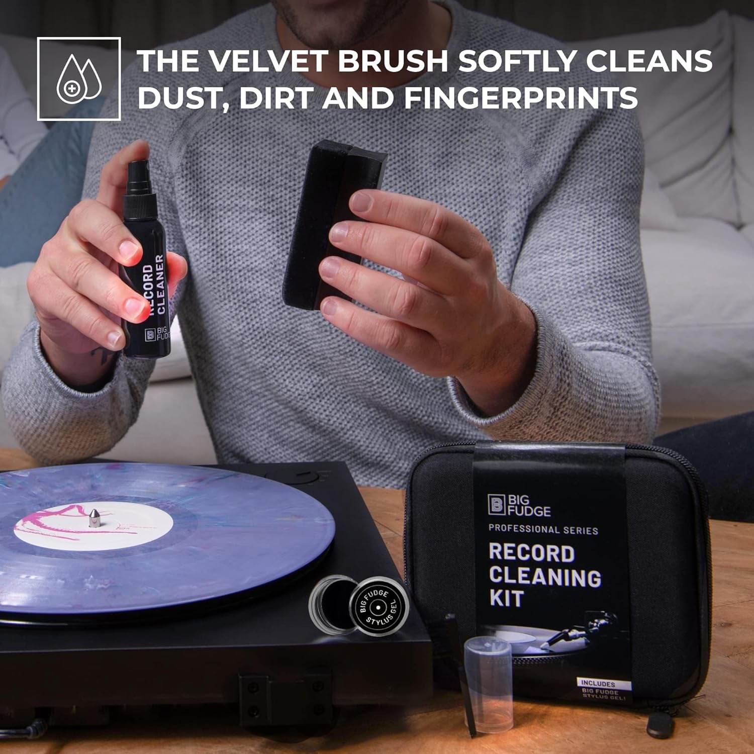 Professional Series Vinyl Record Cleaner Kit - Vinyl Record Cleaning Kit Includes Vinyl Record Brush Cleaning Fluid, Stylus Gel, Brush for Velvet, Padded Storage Case