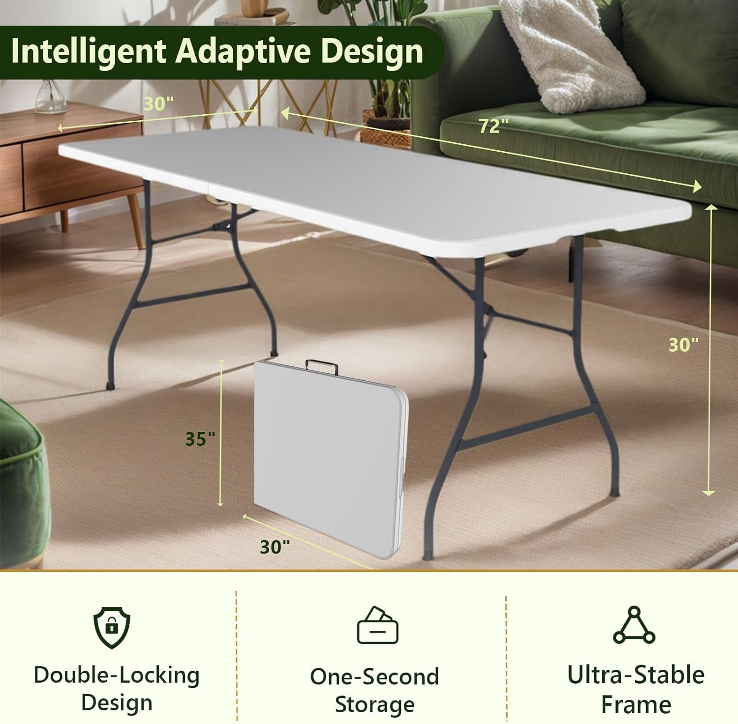 Folding Table 6Ft - Heavy Duty Plastic Table with Handle, Foldable & Portable, Fold-In-Half Utility Tables for Outdoor, Dining, Wedding, Events, Indoor, Picnic, Camping, Party (White)