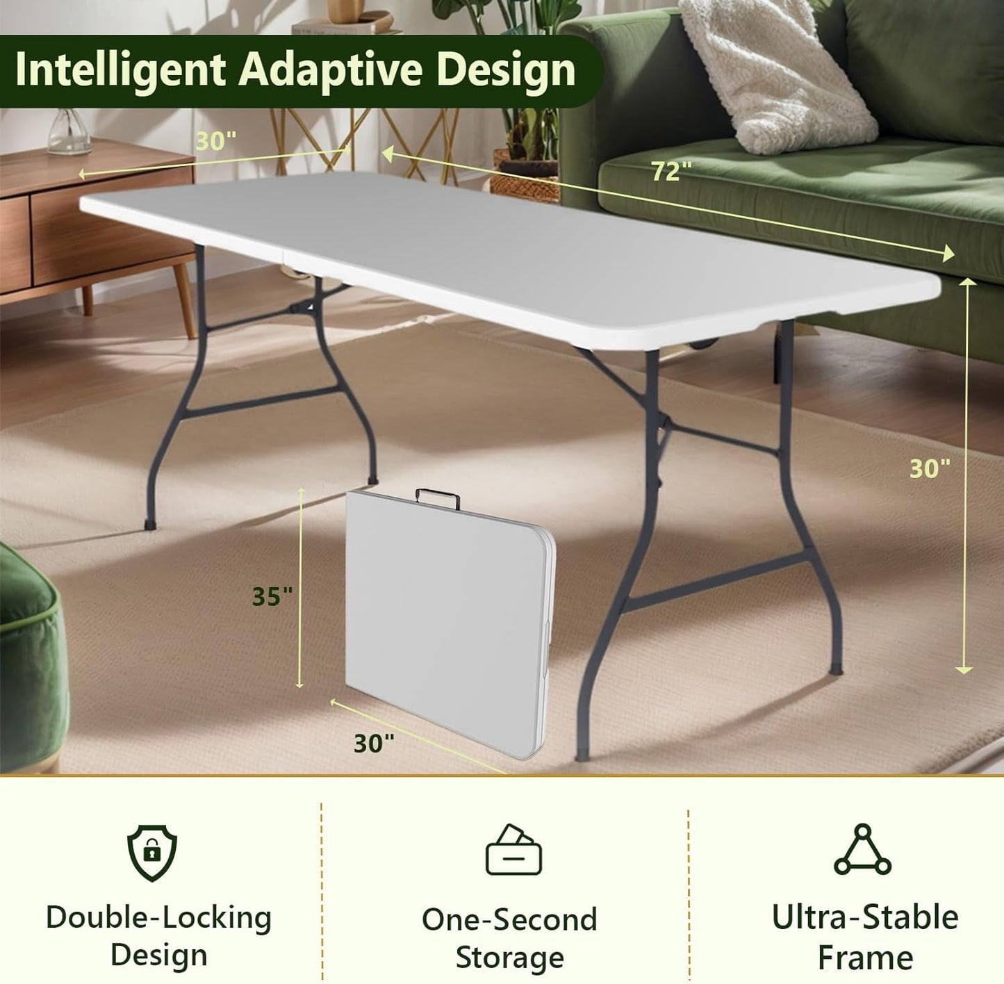 Folding Table 6Ft - Heavy Duty Plastic Table with Handle, Foldable & Portable, Fold-In-Half Utility Tables for Outdoor, Dining, Wedding, Events, Indoor, Picnic, Camping, Party (White)