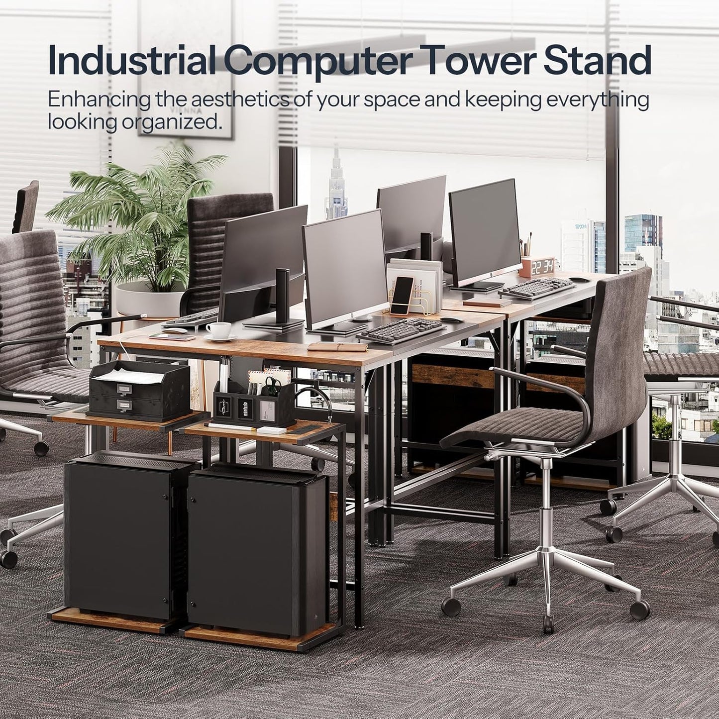 Computer Tower Stand, PC Stand with Charging Station, 2-Tier PC Tower Stand with Locking Caster Wheels, CPU Stand Fits Most Pcs, PC Stand for Floor, for Home Office Rustic Brown BF01UCJ01G1
