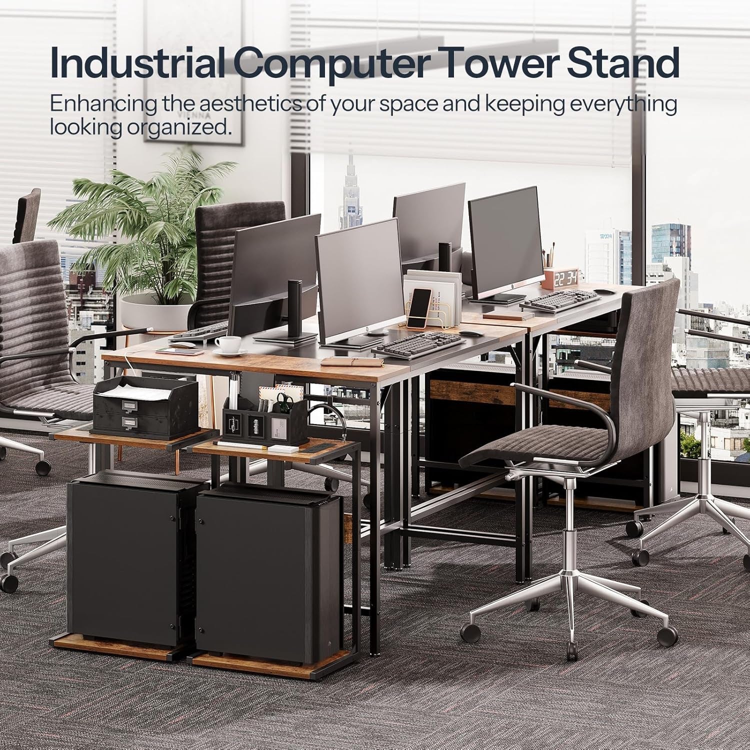 Computer Tower Stand, PC Stand with Charging Station, 2-Tier PC Tower Stand with Locking Caster Wheels, CPU Stand Fits Most Pcs, PC Stand for Floor, for Home Office Rustic Brown BF01UCJ01G1
