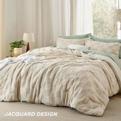 King Size Comforter Set Beige, Boho Tufted Bed Set, Checkered Farmhouse Shabby Chic Bedding, 3 Pieces, 1 Plaid Geometric Comforter and 2 Pillow Shams