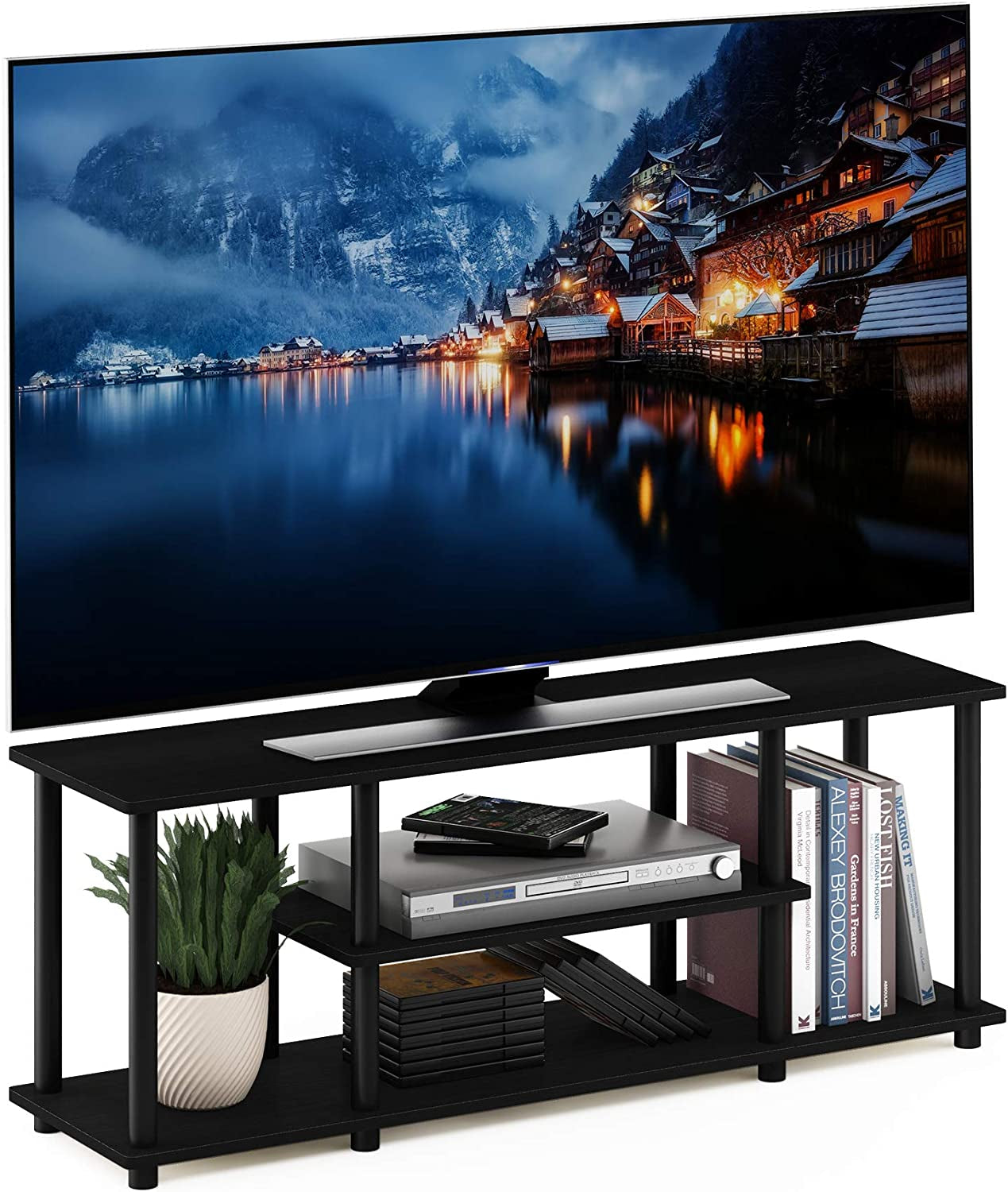 Turn-N-Tube No Tools 3D 3-Tier Entertainment TV Stand up to 50 Inch TV, round Tubes, Walnut