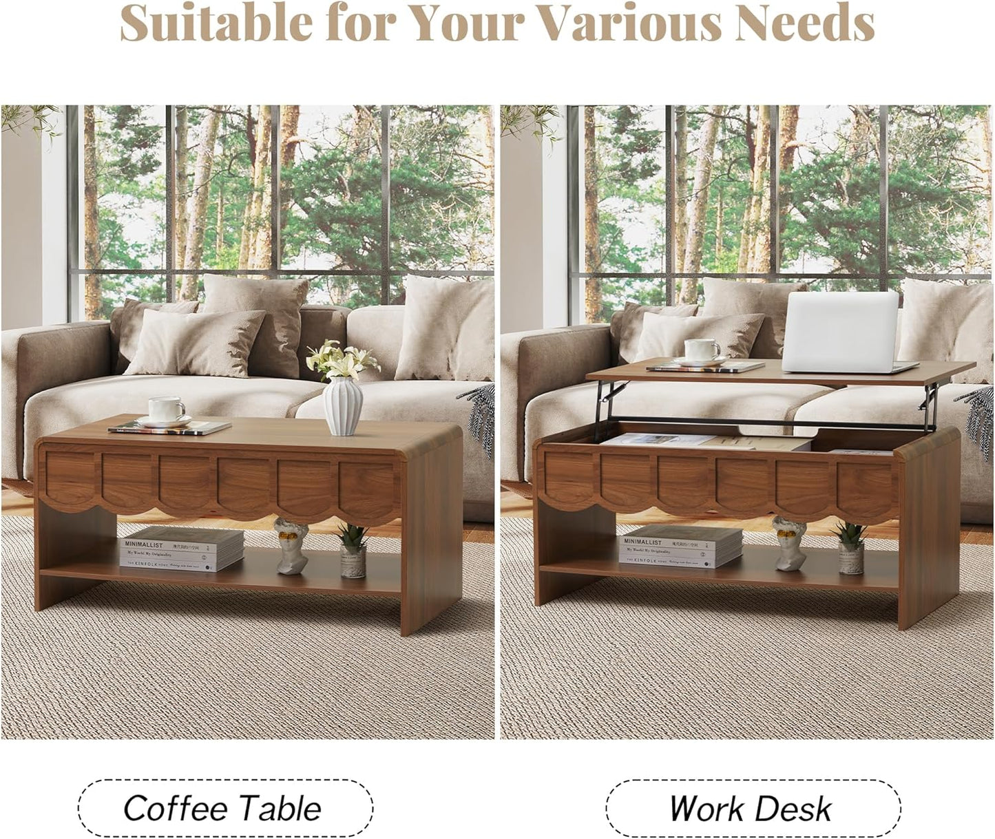 Lift Top Coffee Table with Hidden Compartment, 2 Tier Wooden Center Table with Wave Panel, Modern Lift Tabletop for Home Living Room Office, Walnut