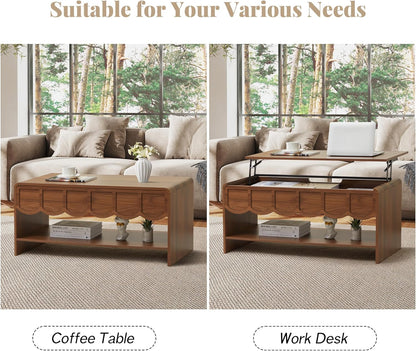 Lift Top Coffee Table with Hidden Compartment, 2 Tier Wooden Center Table with Wave Panel, Modern Lift Tabletop for Home Living Room Office, Walnut