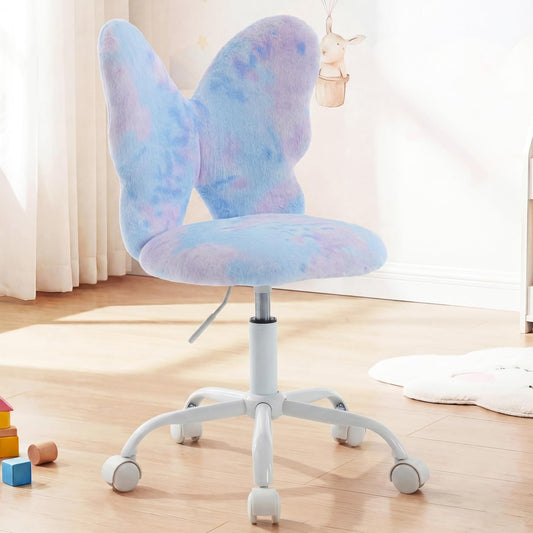 Butterfly Kids Desk & Chair - Adjustable, Swivel, Furry, Blue - Home, Bedroom, School, Dorm